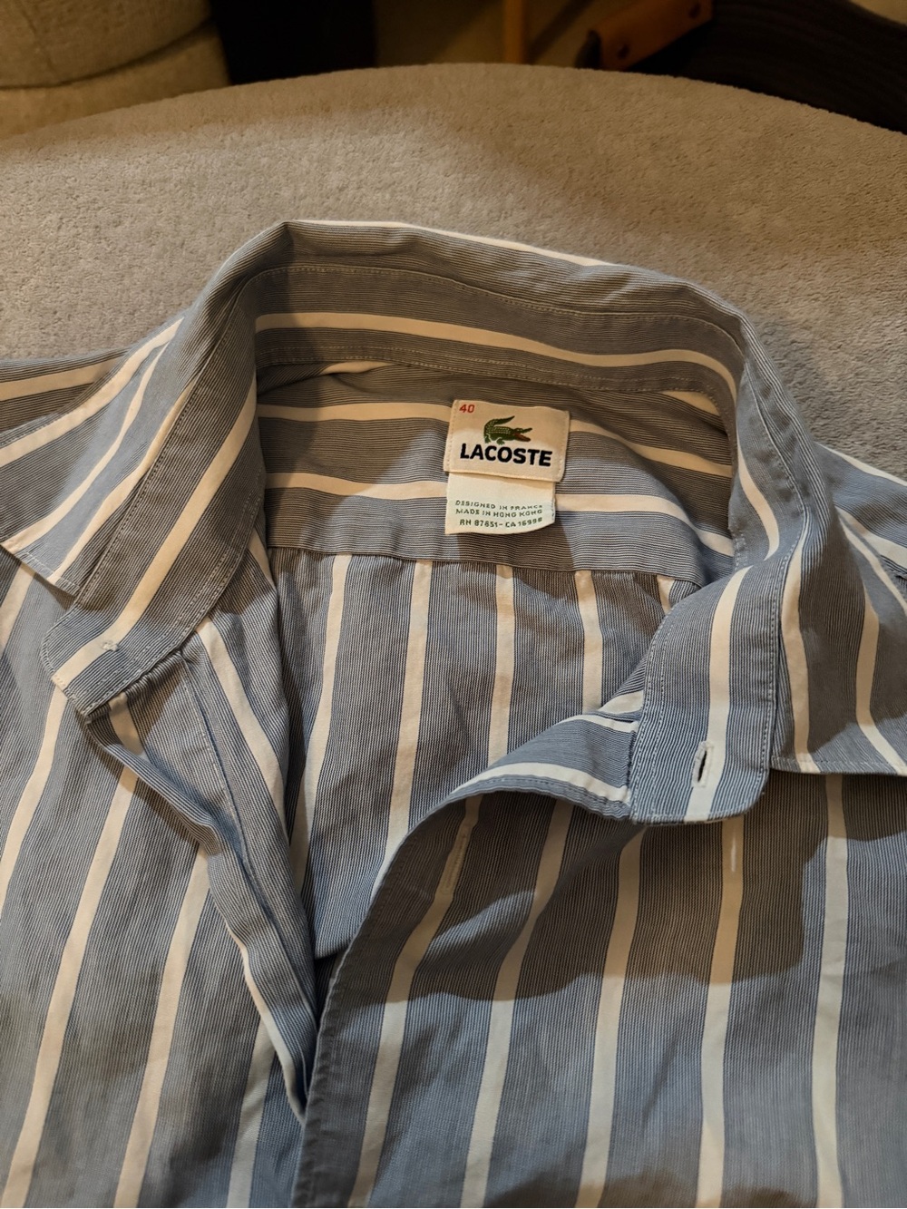 Lacoste Blue and White Vertical Stripe Button-Down Shirt
